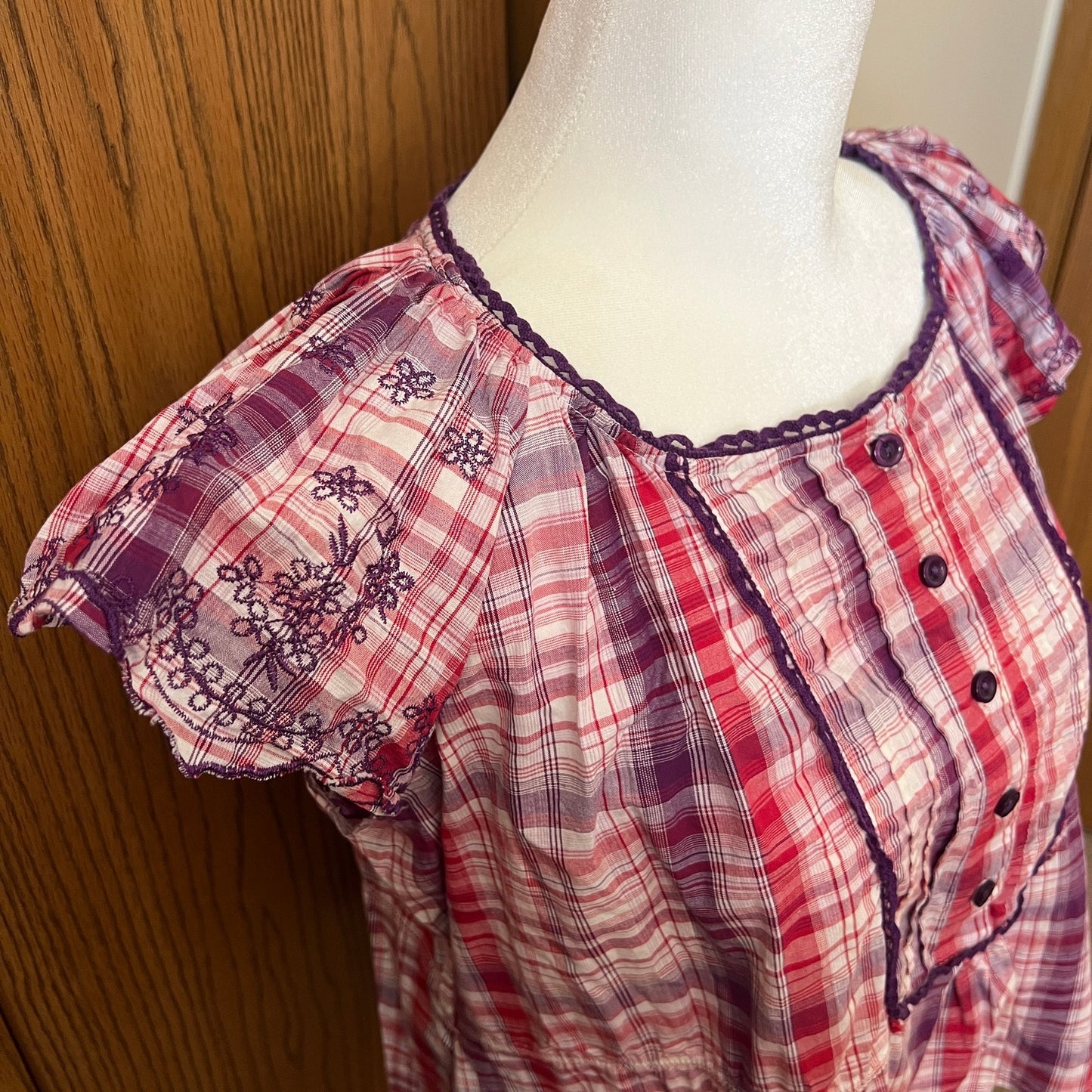 Vtg Y2K Fashion Bug Plaid Top Size 1X Embroidered Feminine Preppy Twee Romantic