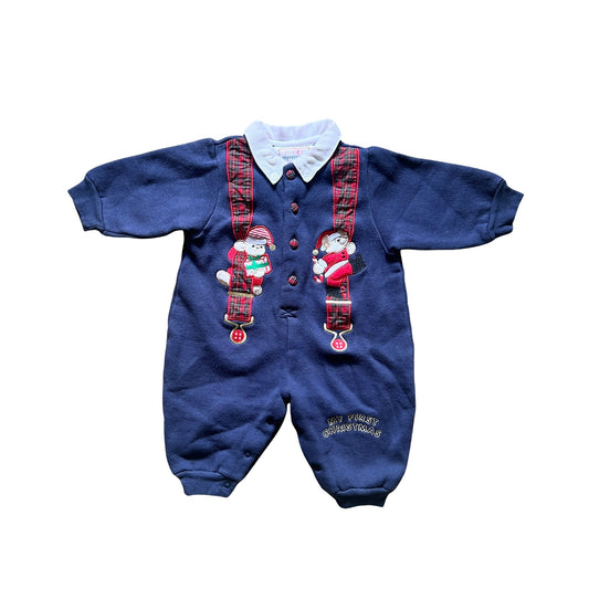 Vintage 90s First Impressions Baby Toddler My First Christmas One-Piece Romper Size S 3-6 Months Embroidered Suspenders Holiday Winter Retro Cozy Maximalist