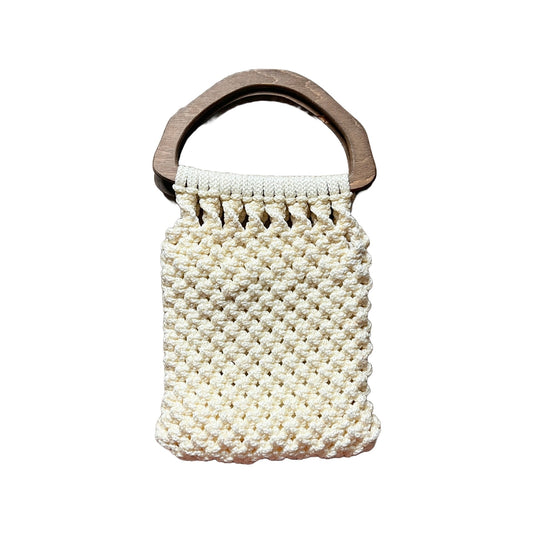 Vintage Macrame Wooden Handle Bag Crochet Cream Floral Lining