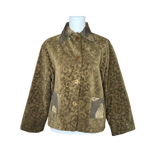 Odile Anthropologie Womens Tapestry Jacquard Jacket Size S Khaki Green Gold Vintage Inspired Artsy Eclectic Avant Garde