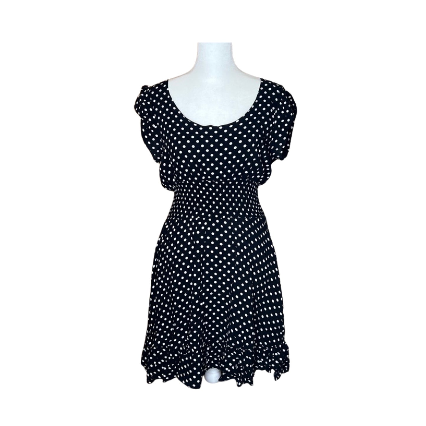 Womens Polka Dot Mini Dress M Smocked Ruffled Feminine Romantic Dainty Classic