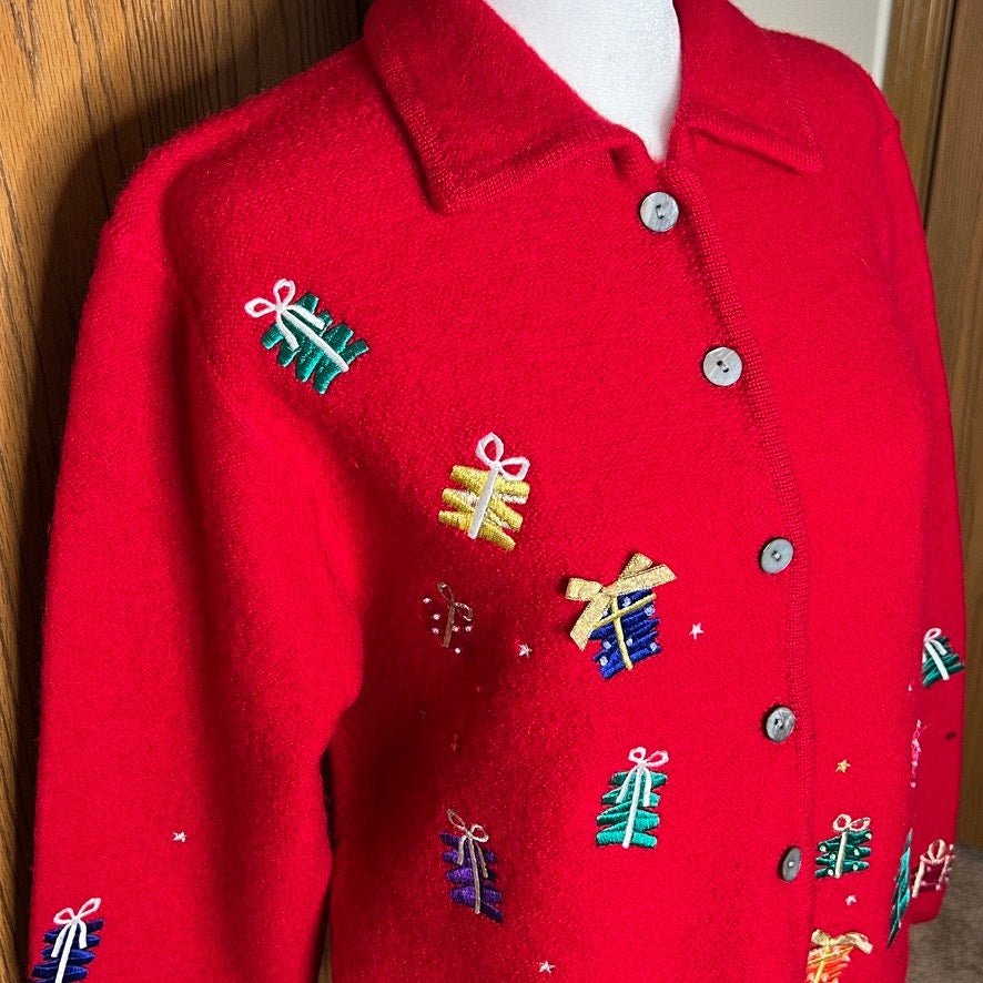 Vtg 90s Karen Scott Christmas Knit Jacket 100% Wool Red Multi-color Embroidered Presents Holiday Teacher Maximalist