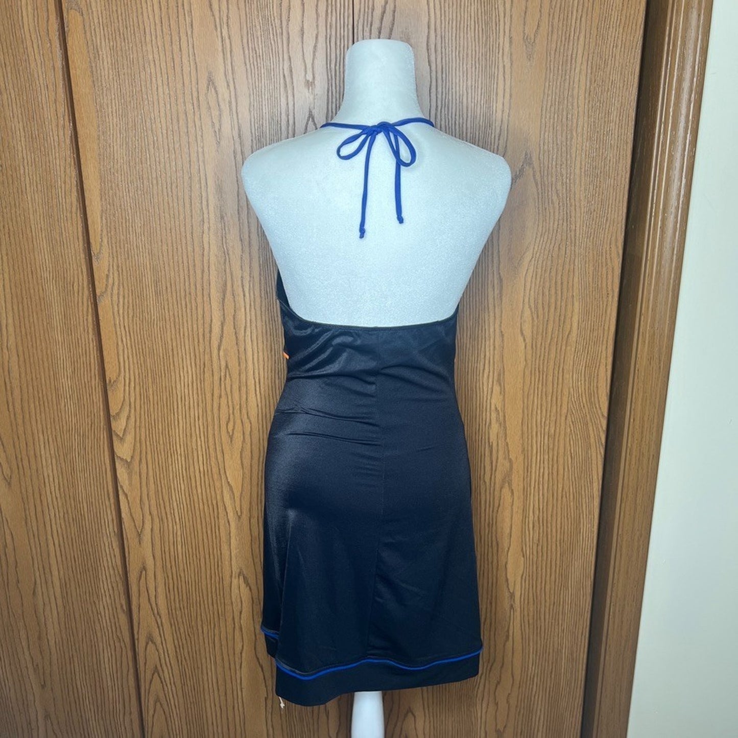 Vtg Y2K Hot Kiss Halter Dress M Black Neon Trim Sporty Athletic Rave Clubbing