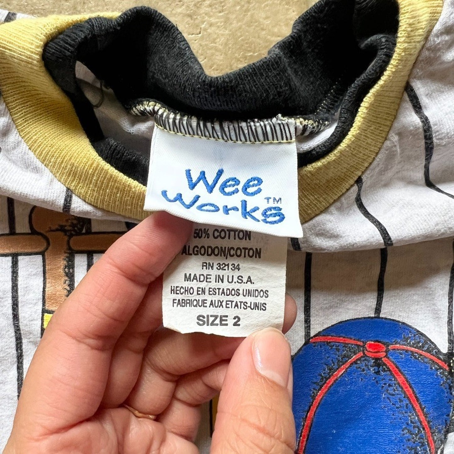 Vtg 80s Wee Works Baseball Graphic Print T-Shirt Size 2 Striped Sporty Retro