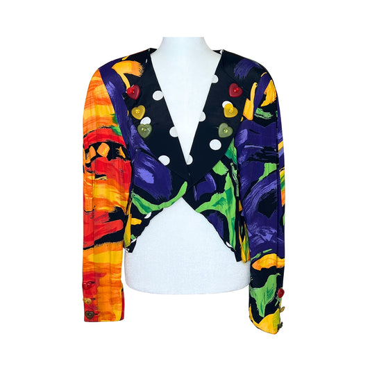 Vintage 80s Platinum by Dorothy Schoelen Womens Cropped Blazer Size M Multi-color Polka Dot Heart Buttons Light-weight Artsy Abstract Eclectic Funky