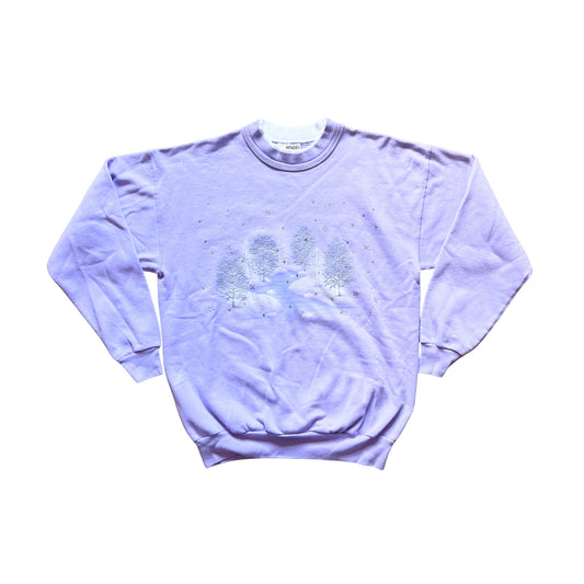 Vintage 90s Morning Sun Womens Sweatshirt Lilac Purple Rhinestones Faux Double Collar Winter Scenery