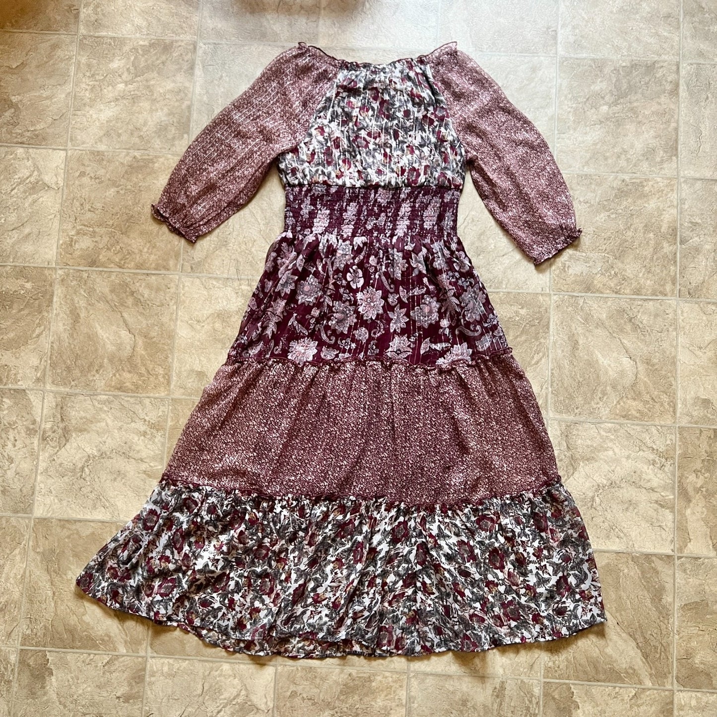 Sweet Magnolia Maxi Dress Burgundy Purple Paisley Mixed Pattern Smocked Whimsigoth Boho