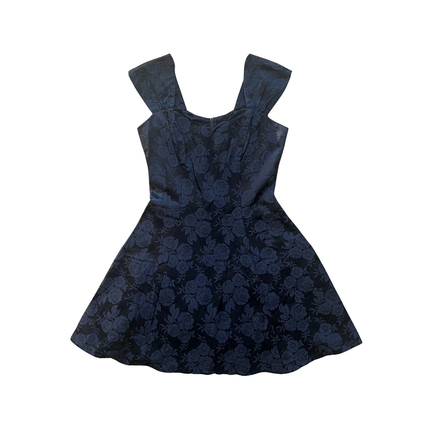 Vintage Roberta Womens Black Floral Jacquard Dress Fit & Flare Scalloped Neckline Tulle Lining Goth Romantic Feminine Whimsigoth Rockabilly