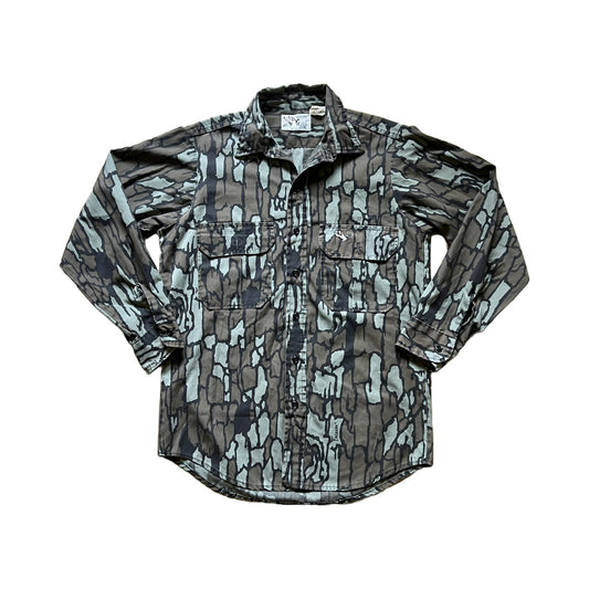 Vintage 80s Duck Bay Mens Trebark Camo Button-down Shirt Size M Embroidered Outdoor Hunting Made in USA