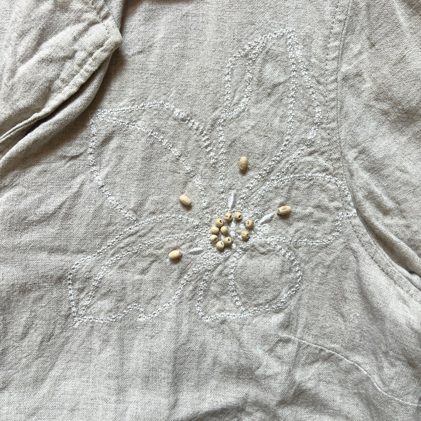 Vtg 90s Womens Linen Blend Top Beige Beaded Fringe Hem Cottage Hippie Indie Boho