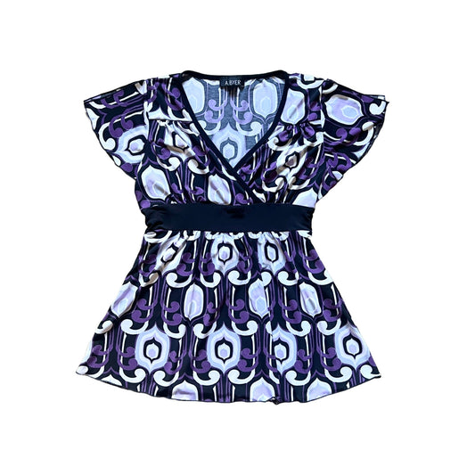 Vintage Y2K A. Byer Womens Babydoll Top Size L Black Purple Geometric Pattern Slinky Tie Back