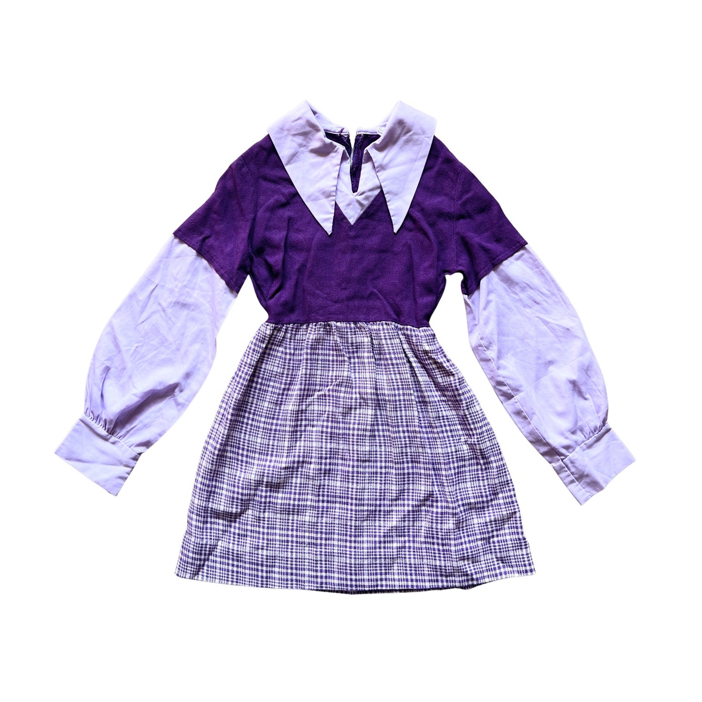 Vintage 70s Girls Purple Plaid Swing Dress Knit Pointed Collar Mod Preppy Academia