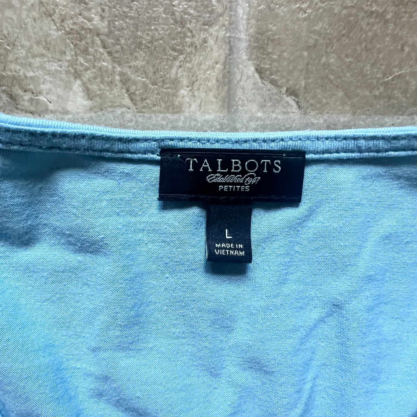 Talbots Womens Blue Ruffled Blouse Size L Pima Cotton Blend Pleated Neckline Feminine