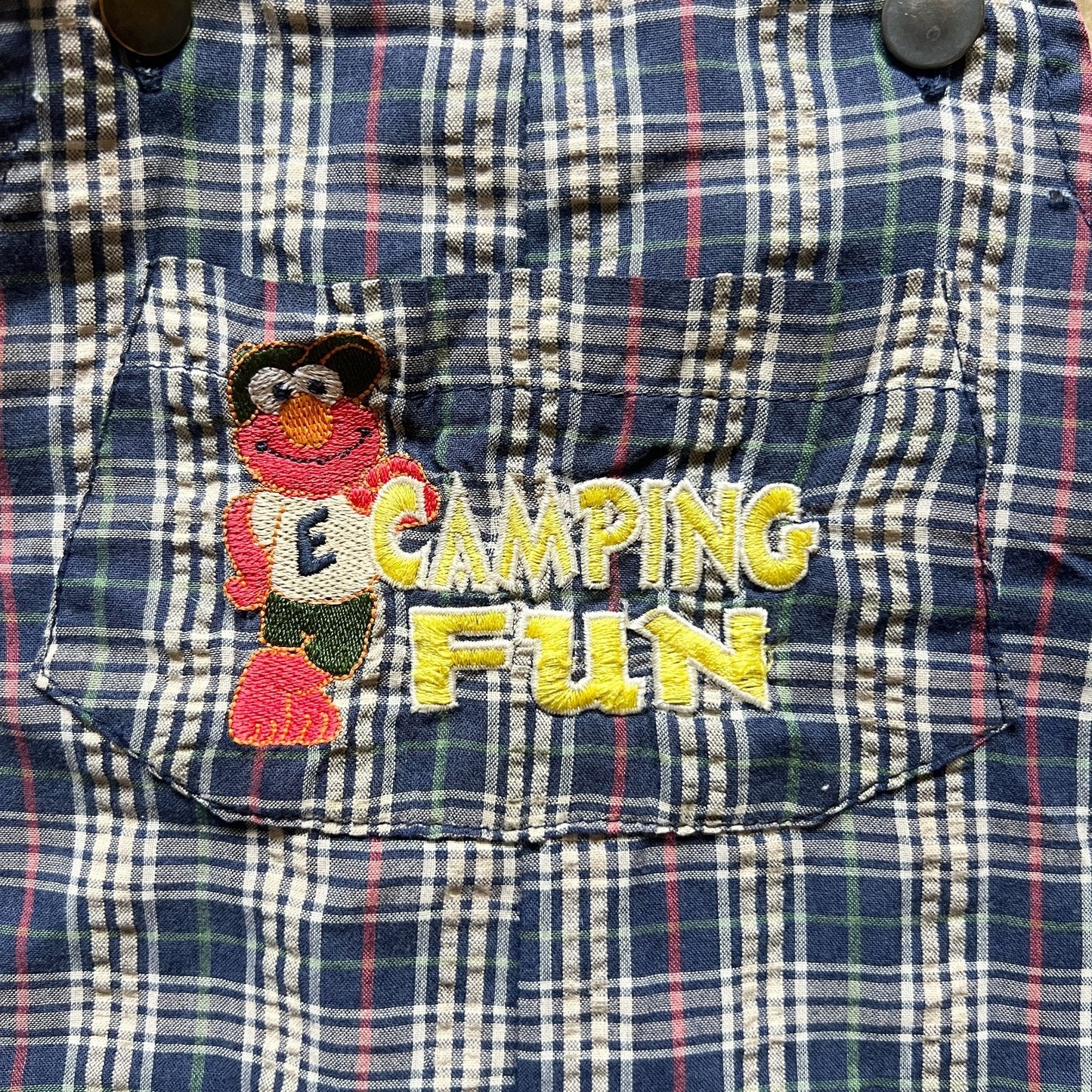 Vtg Sesame Street Elmo Caming Fun Plaid Overalls 24 Months Embroidered Retro Fun