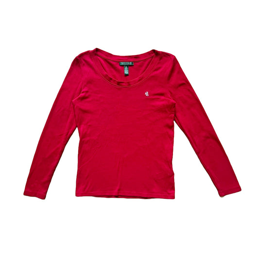 Vtg Lauren Ralph Lauren Womens Long Sleeve Shirt M Cherry Red Embroidered Logo Holiday Classic Preppy