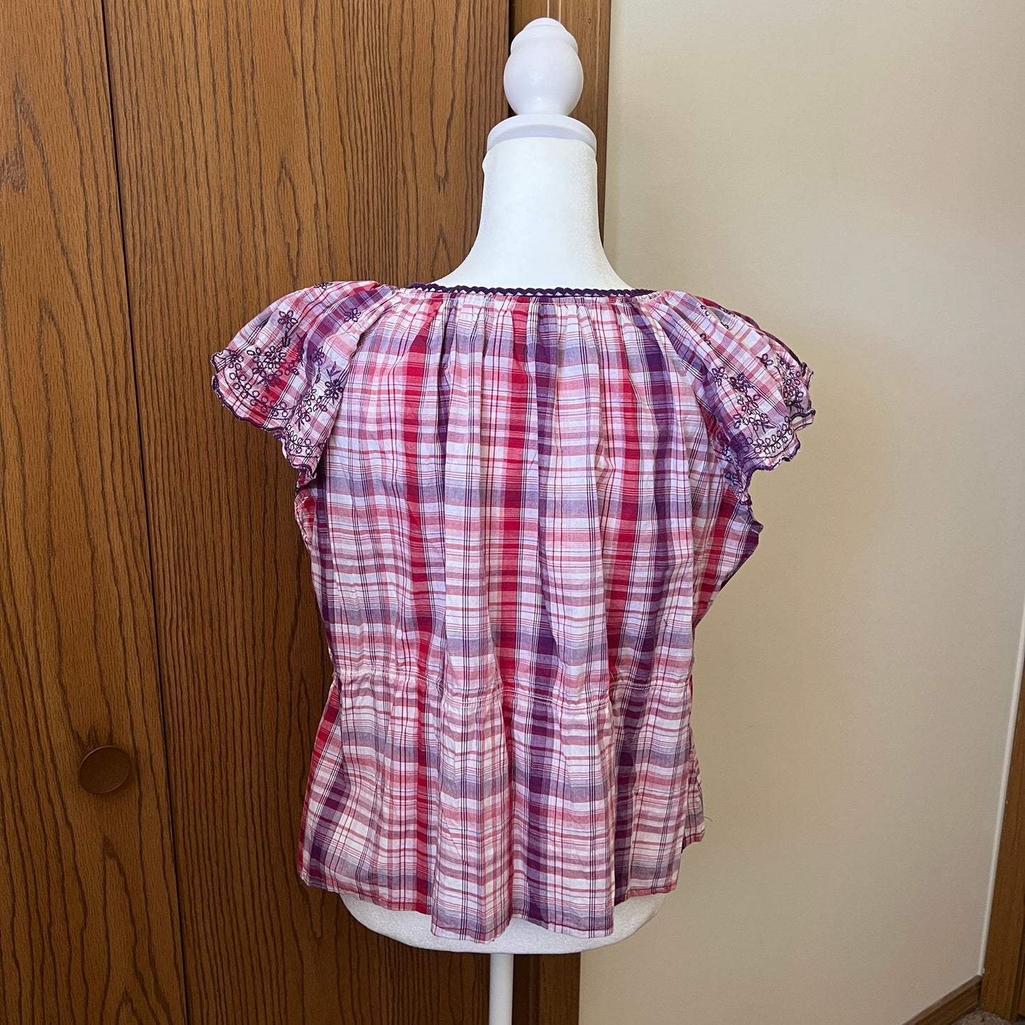 Vtg Y2K Fashion Bug Plaid Top Size 1X Embroidered Feminine Preppy Twee Romantic