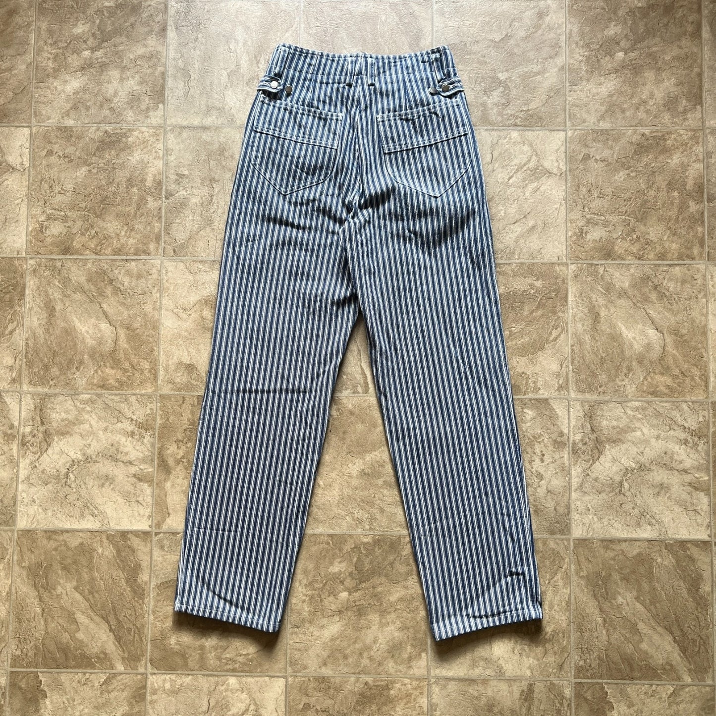 Vintage 90s Lizwear Womens Striped Denim Pants High Waisted Straight Leg Blue White Nautical Coastal