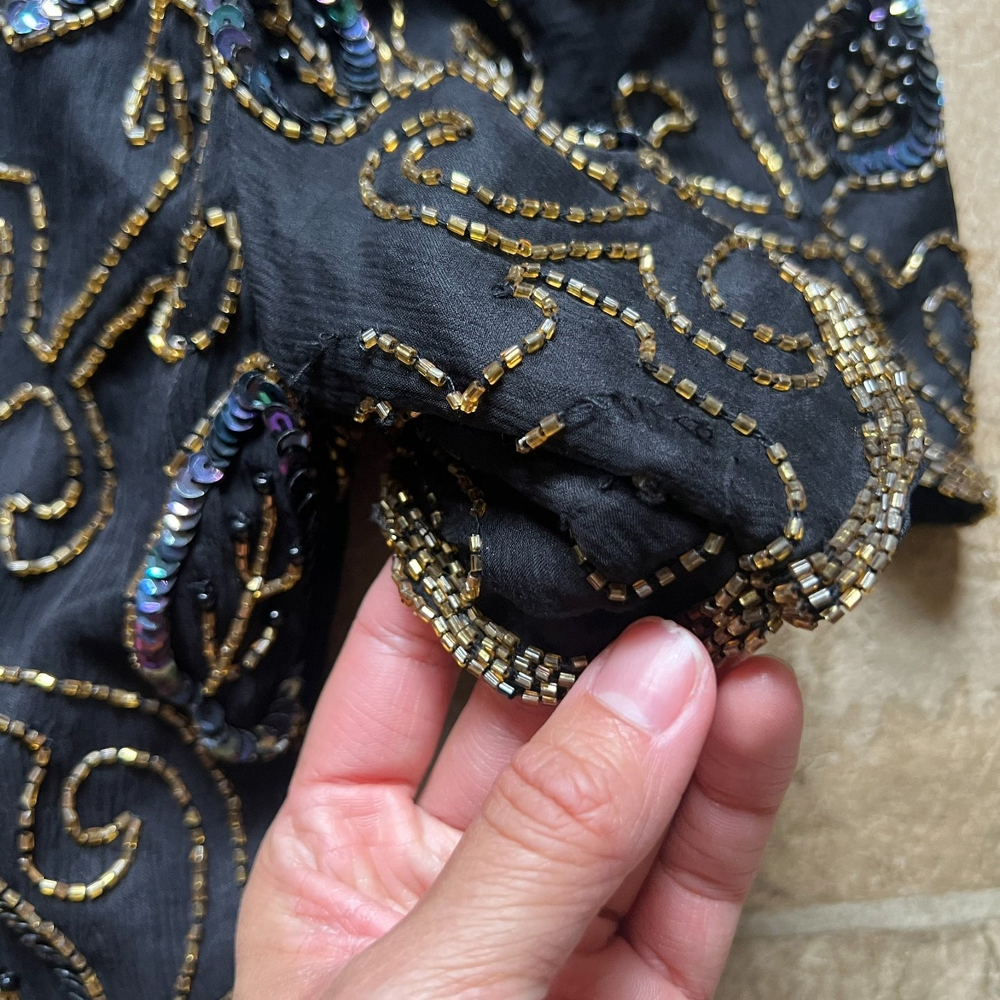 Vintage Womens 100% Silk Beaded Top L Holiday Whimsigoth Victorian Party Glam