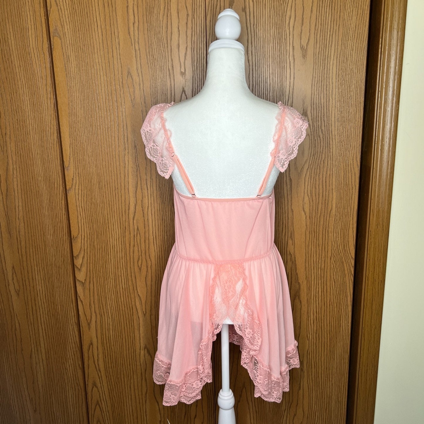 Womens Babydoll Slip Dress L Pink Sheer Lace Bow Coquette Soft Girl Feminine