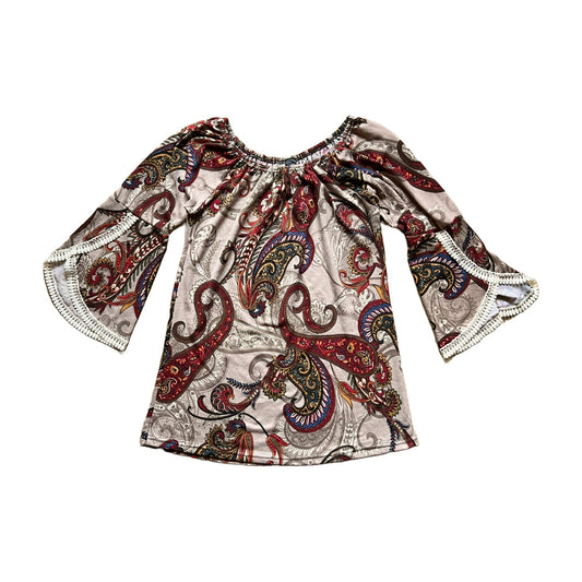 Win Win Womens Flare Sleeve Top Size S-M Beige Multi-color Paisley Crochet Whimsigoth Hippie Boho