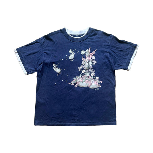 Vintage 90s Morning Sun Womens T-Shirt Mouse Floral Graphic Print Navy Double Collar