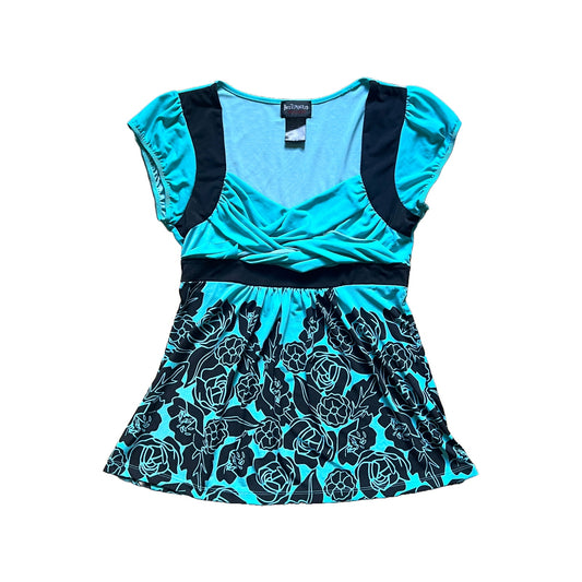 Vintage Y2K Hot Tempered Womens Babydoll Top Size L Blue Black Floral Slinky Ruched