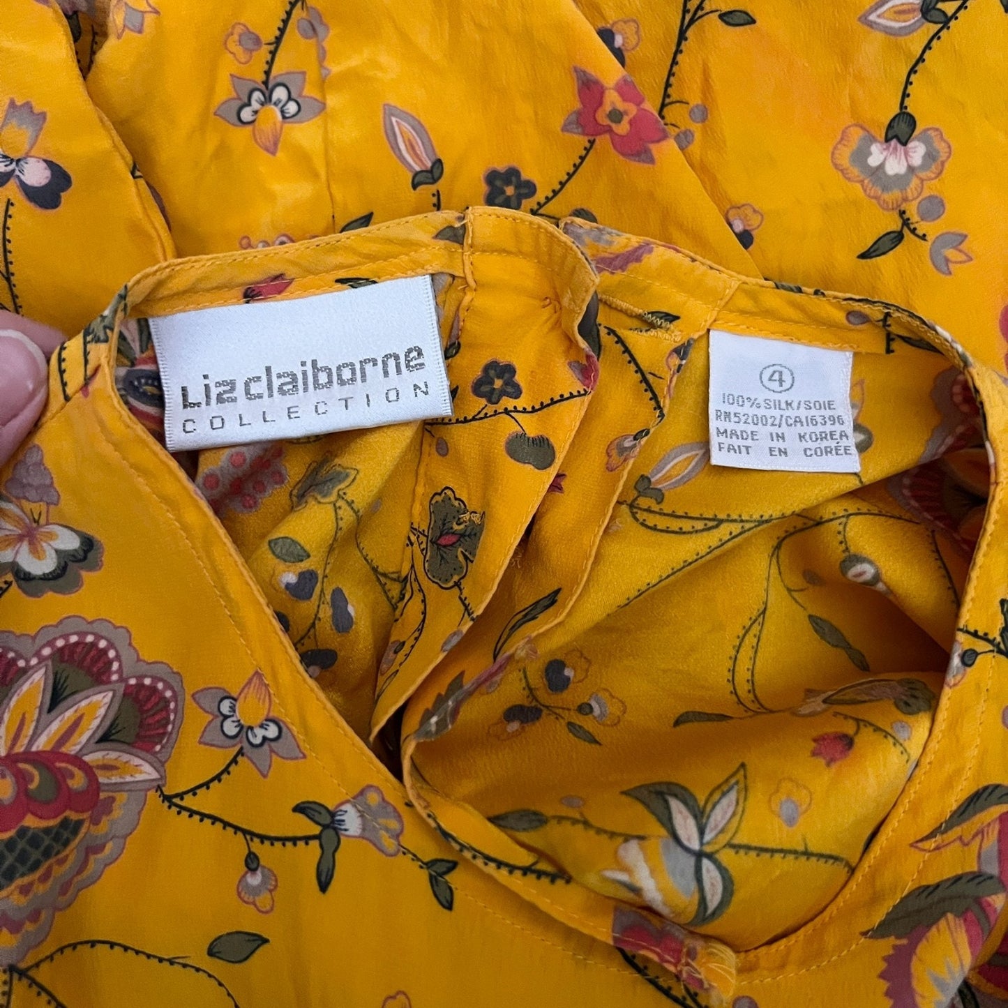 Vtg Liz Claiborne 100% Silk Blouse Mustard Yellow Paisley Floral Boho Maximalist