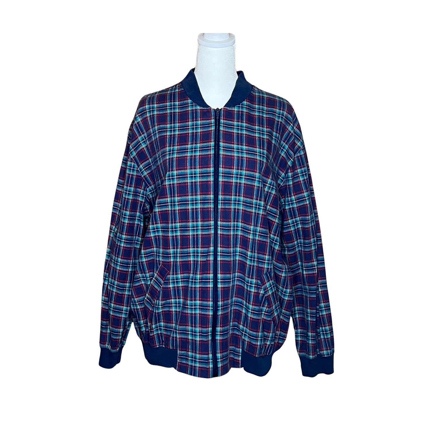 Vtg 90s Alfred Dunner Blue Tartan Plaid Bomber Jacket Light-weight Classic Holiday Alternative