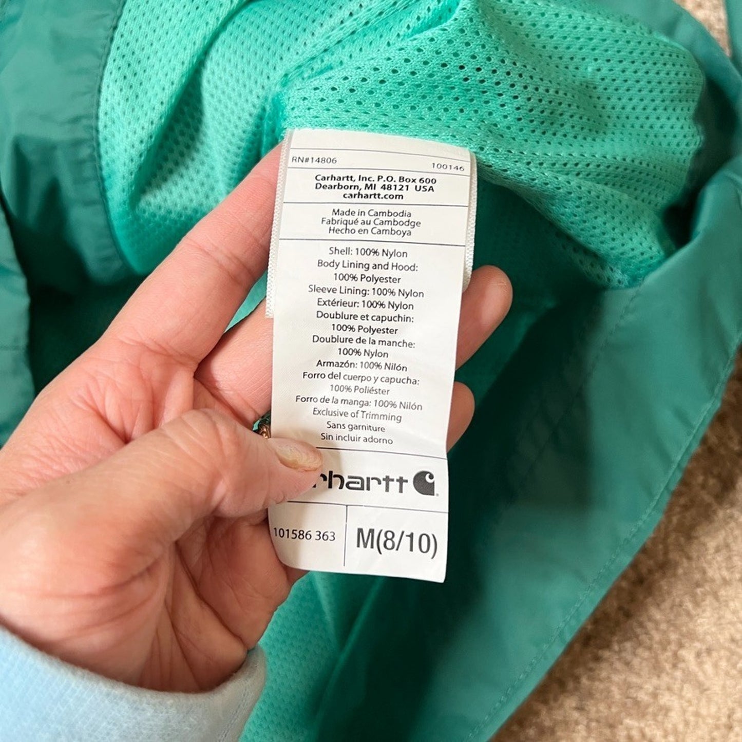 Carhartt Womens Windbreaker Rain Jacket Size M Teal Green Outdoor Gorpcore Hiking Granola Girl