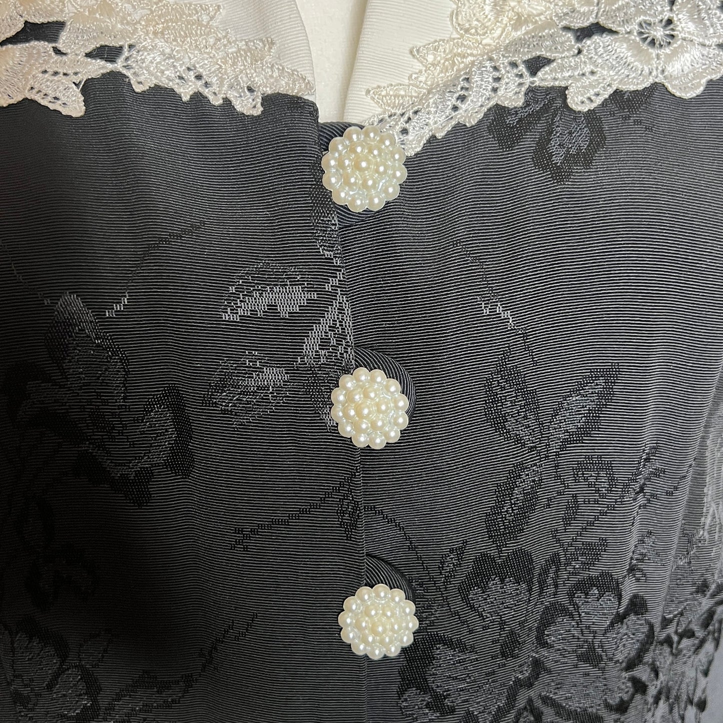 Vtg 80s Petite Perceptions Womens Blouse 12 Black White Sheer Sleeves Pearl Buttons Goth Victorian Holiday