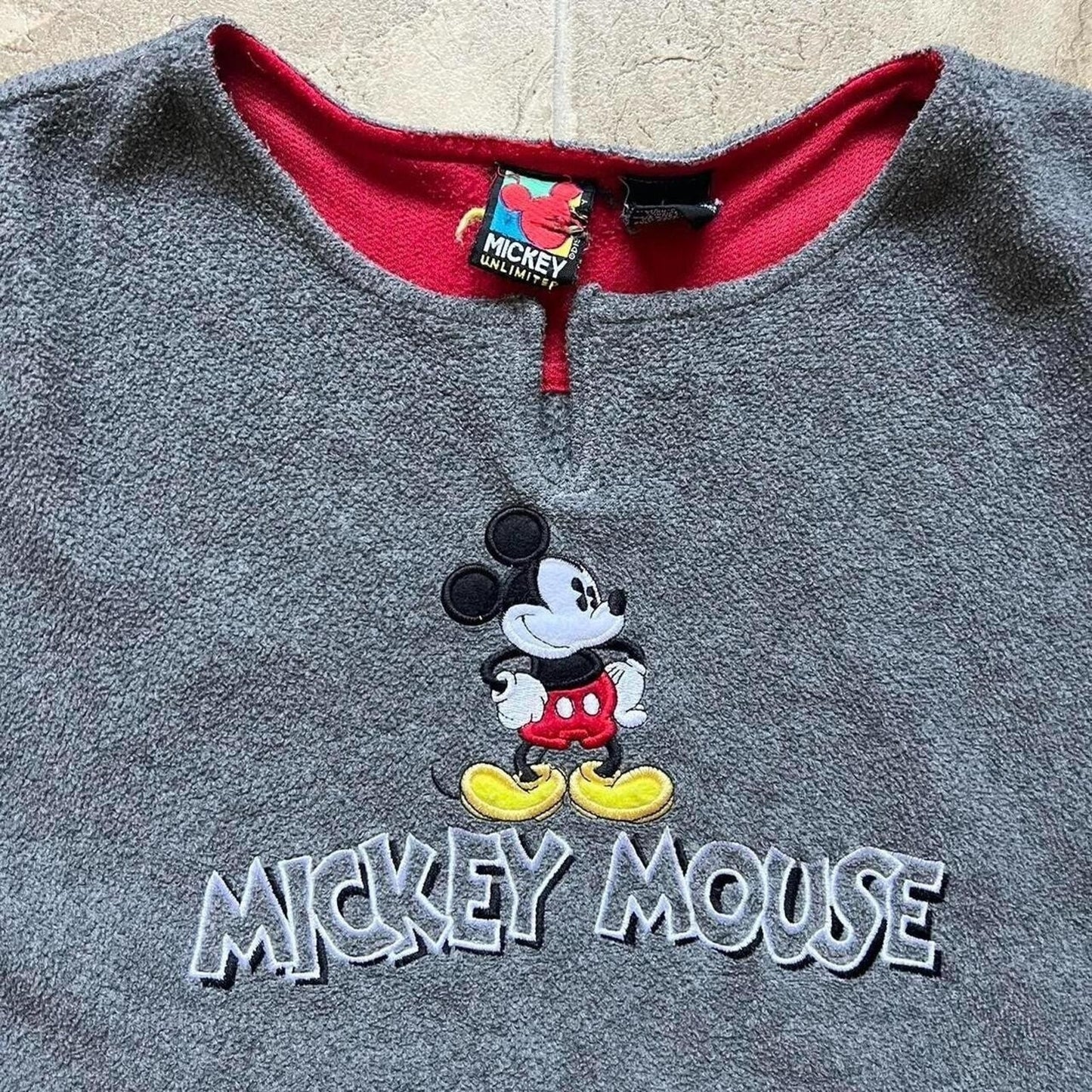 Vintage Mens Mickey Mouse Fleece Sweatshirt Size L Gray Embroidered Front Pocket