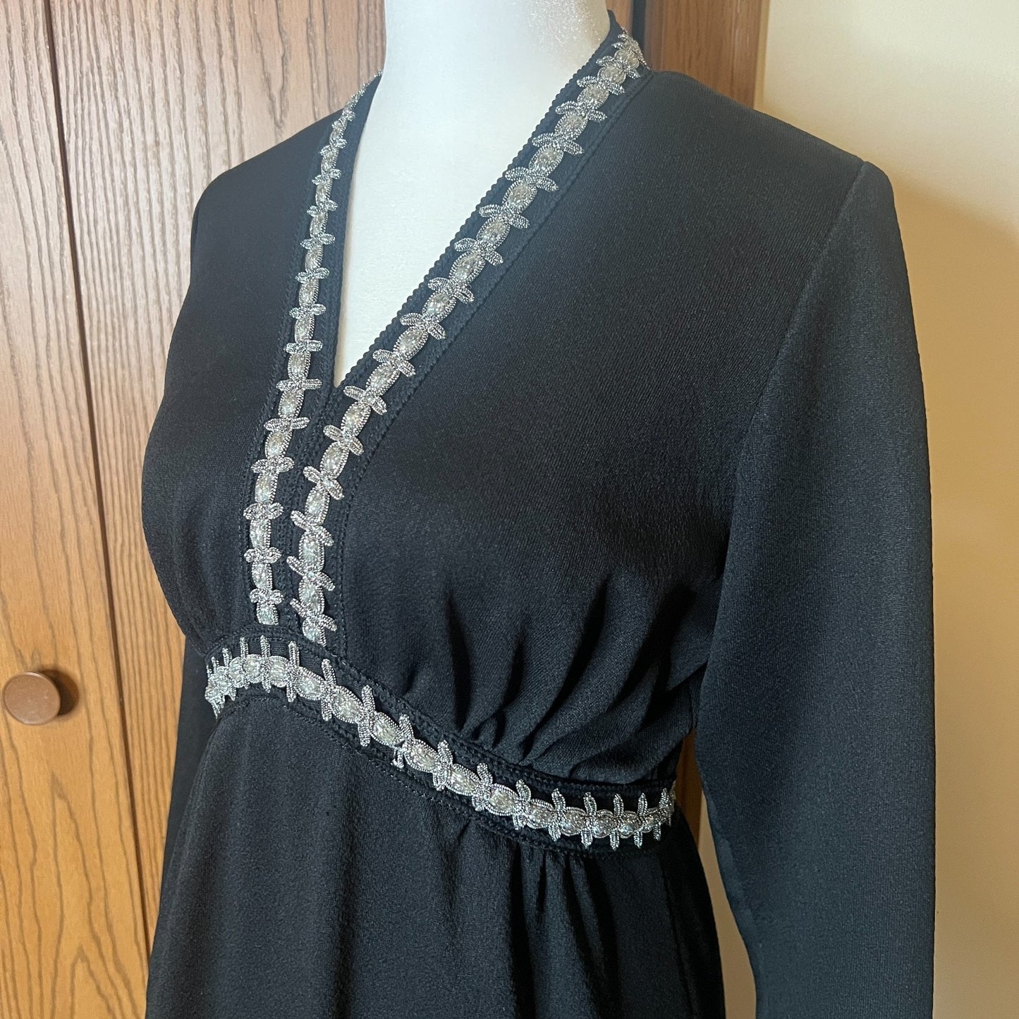 Vintage 70s Womens Black Maxi Dress Embellished Tinsel Empire Waist Witchy Whimsigoth