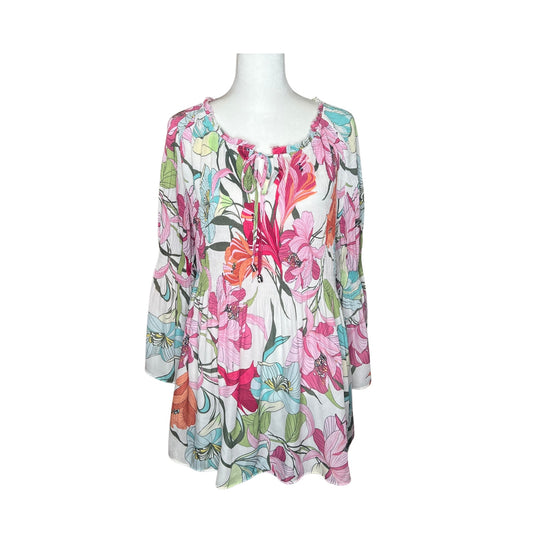 Spense Multi-color Floral Tunic Top Flare Sleeve Artsy Romantic Feminine Resort