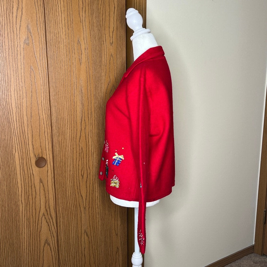 Vtg 90s Karen Scott Christmas Knit Jacket 100% Wool Red Multi-color Embroidered Presents Holiday Teacher Maximalist