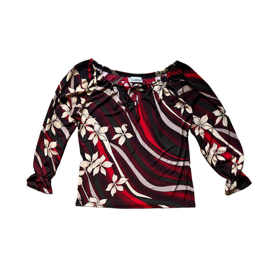 Vintage Y2K Carol Rose Womens Top Size M Black Red Floral Slinky Stretchy