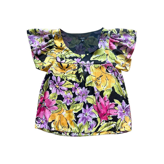 Rafaella Womens Floral Top Multi-color Semi-sheer Flutter Sleeve