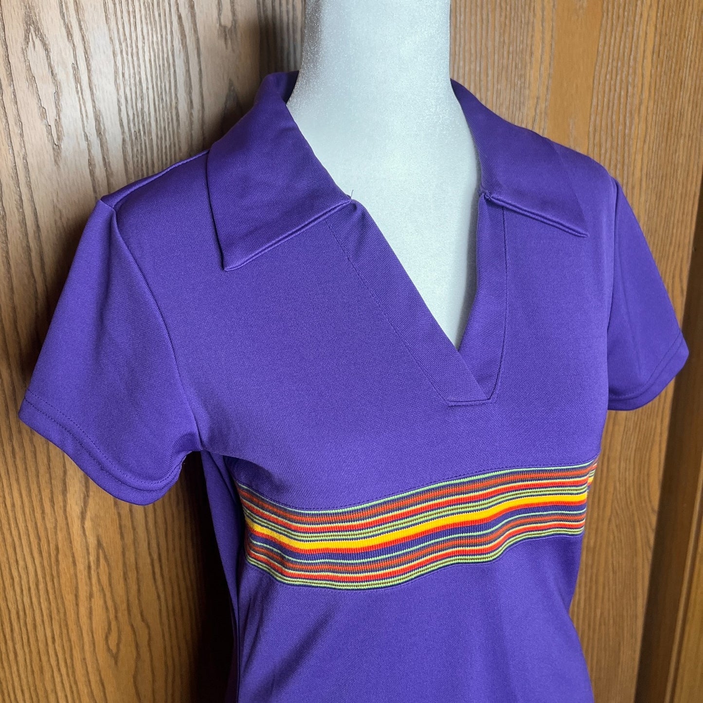 Vtg 90s Express Tricot Collared Polo Dress S Purple Rainbow Groovy Mod Sporty