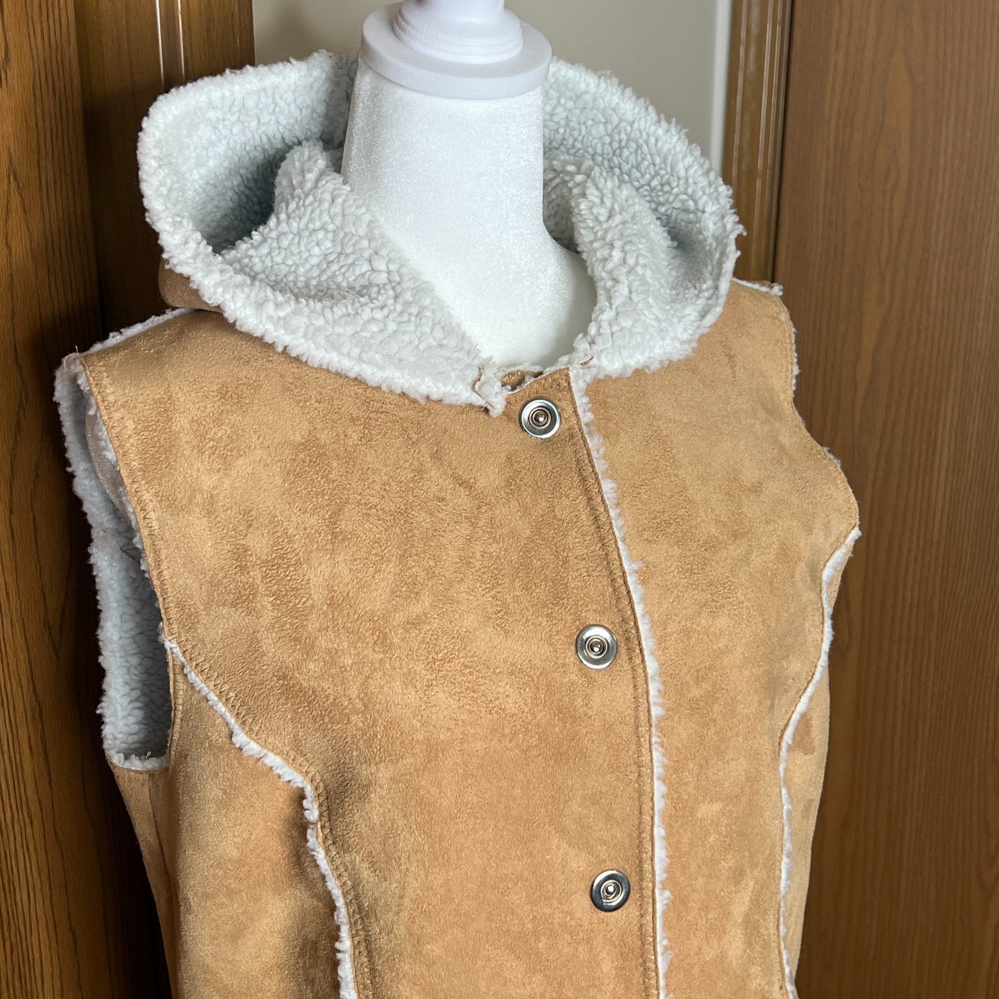 Vintage Y2K Denim & Co Womens Faux Suede Sherpa Vest Size S Camel Brown Hooded Boho Western