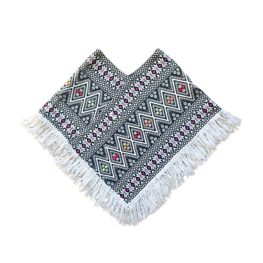 Vintage Womens Poncho Shawl Multi-color Fringe Tribal Aztec Southwestern Boho Hippie Festival