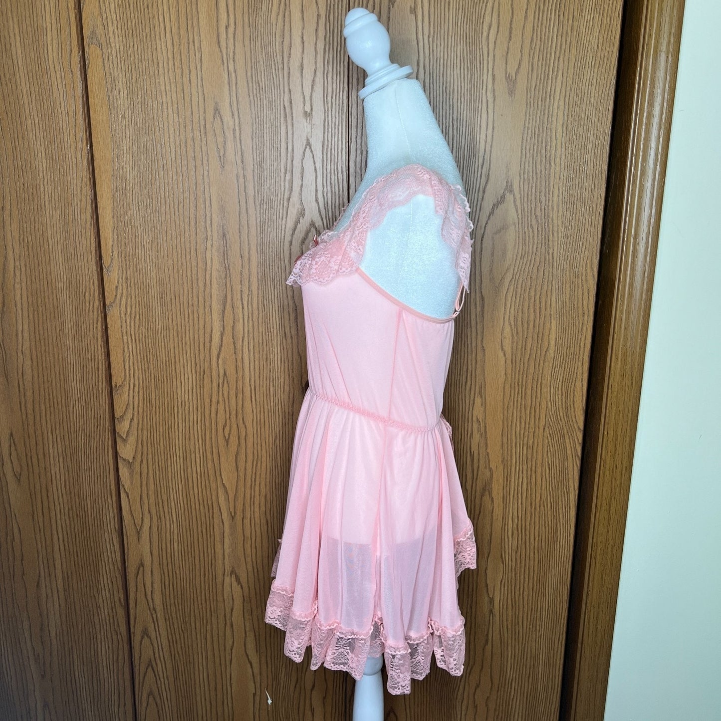 Womens Babydoll Slip Dress L Pink Sheer Lace Bow Coquette Soft Girl Feminine