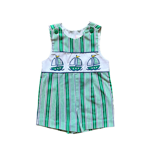 Vintage Baby Toddler Romper Size 24 Months Green Striped Sailboat Embroidered Nautical Beachy Coastal Summer Sailor
