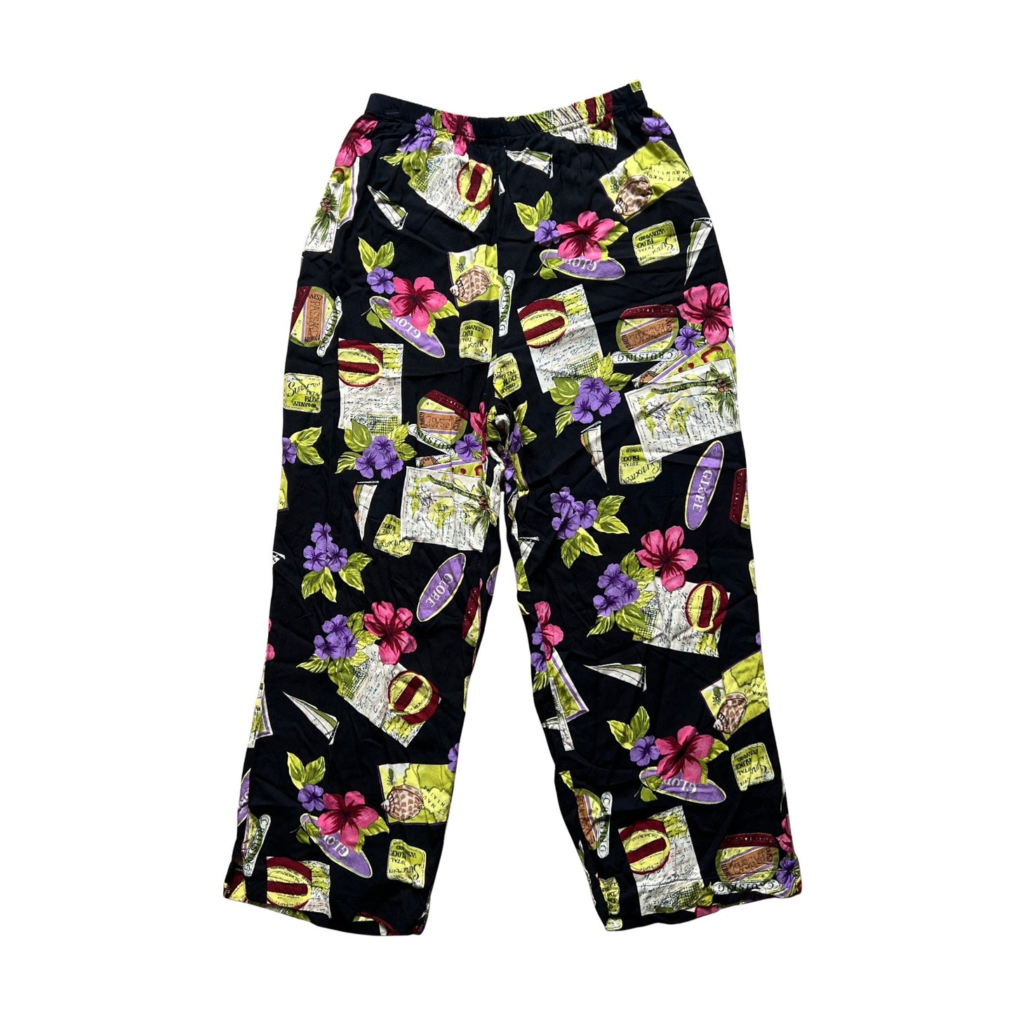 Vtg 90s Womens Pants L Multi-color Novelty Print Beachy Resort Vacation Boho