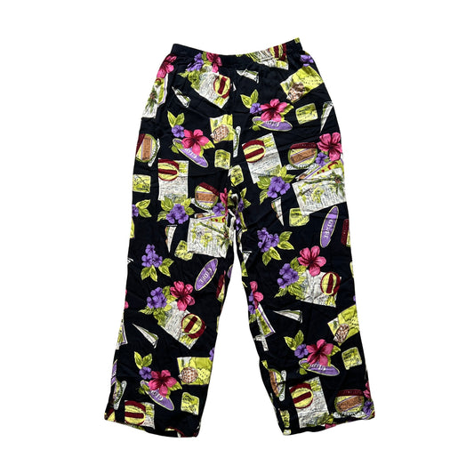 Vtg 90s Womens Pants L Multi-color Novelty Print Beachy Resort Vacation Boho