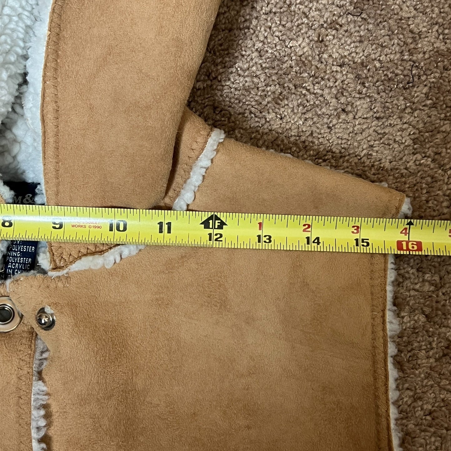 Vintage Y2K Denim & Co Womens Faux Suede Sherpa Vest Size S Camel Brown Hooded Boho Western