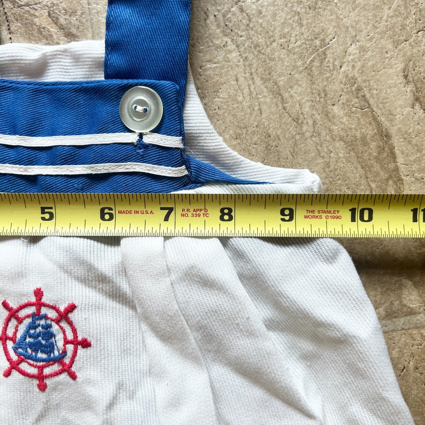 Vtg 80s Baby Sailor Nautical Pinafore Dress Embroidered Beachy Coastal Americana