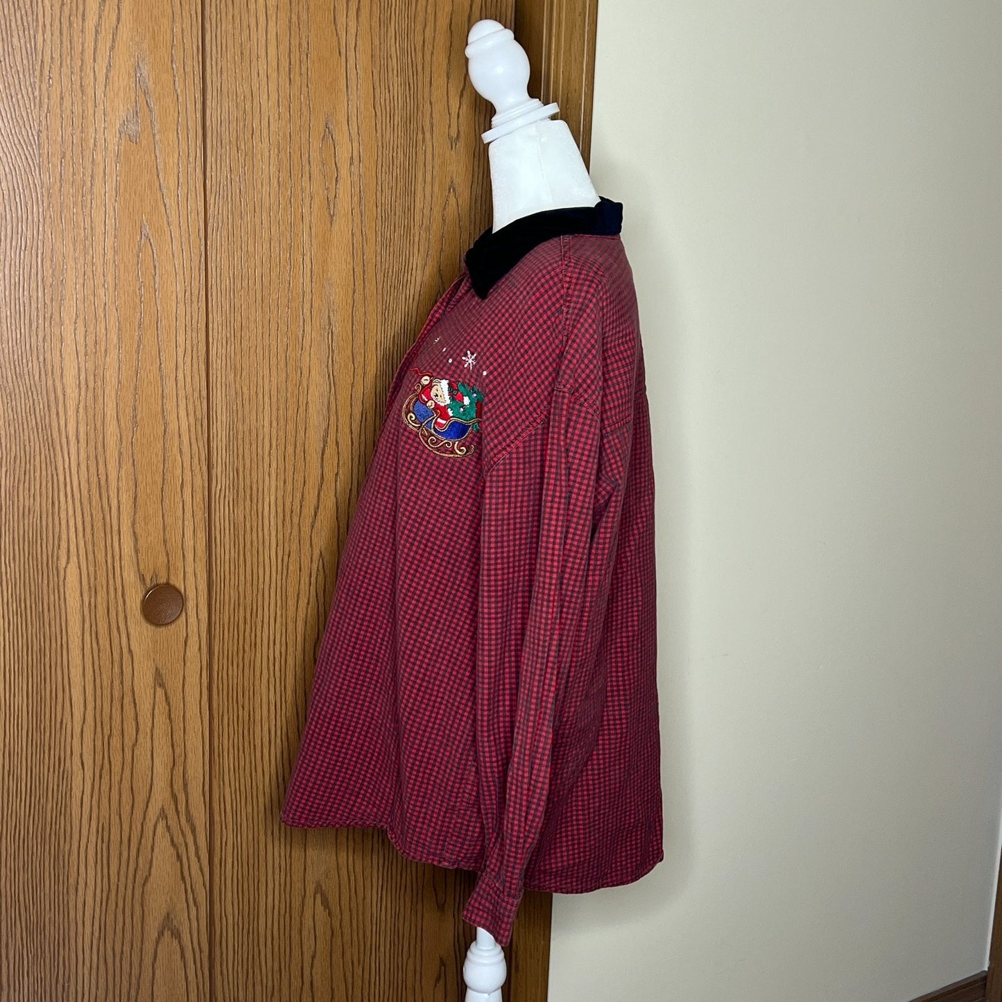 Vtg Nutcracker Christmas Shirt XL Plaid Embroidered Velvet Collar Holiday Retro