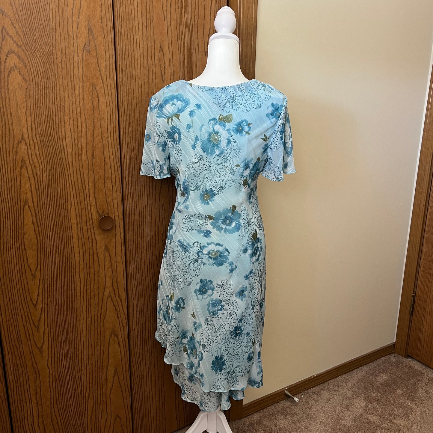 Vtg 90s R&M Richards Midi Dress Size 12P Blue Floral Fairy Whimsical Romantic