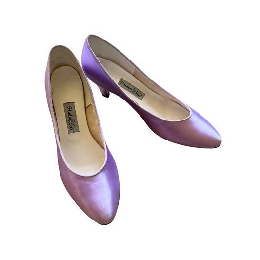 Vintage 80s Studio Six Womens Satin Kitten Heels Size 9 Lavender Purple Shiny Prom Party Wedding Bridesmaid Fairy Princess