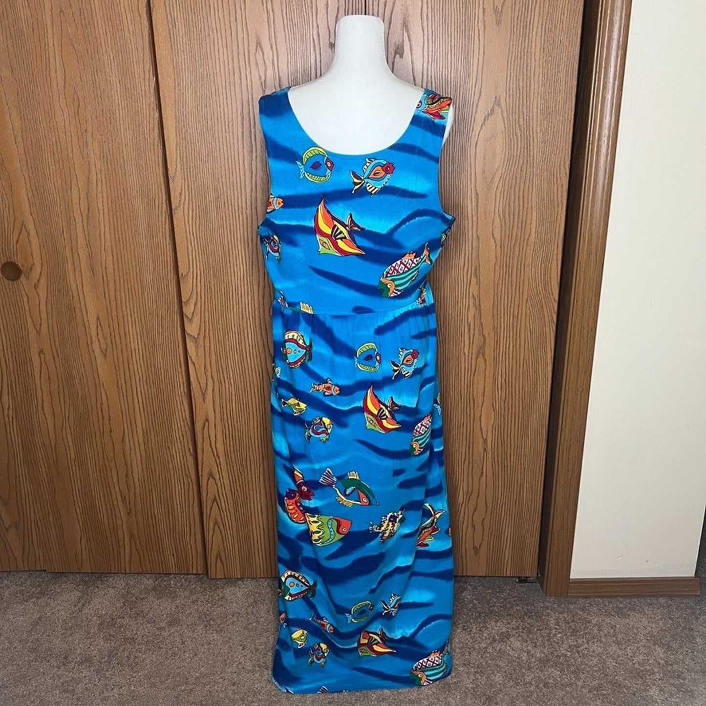 Vtg 90s Carole Little Fish Print Maxi Dress Multi-color Novelty Resort Tropical
