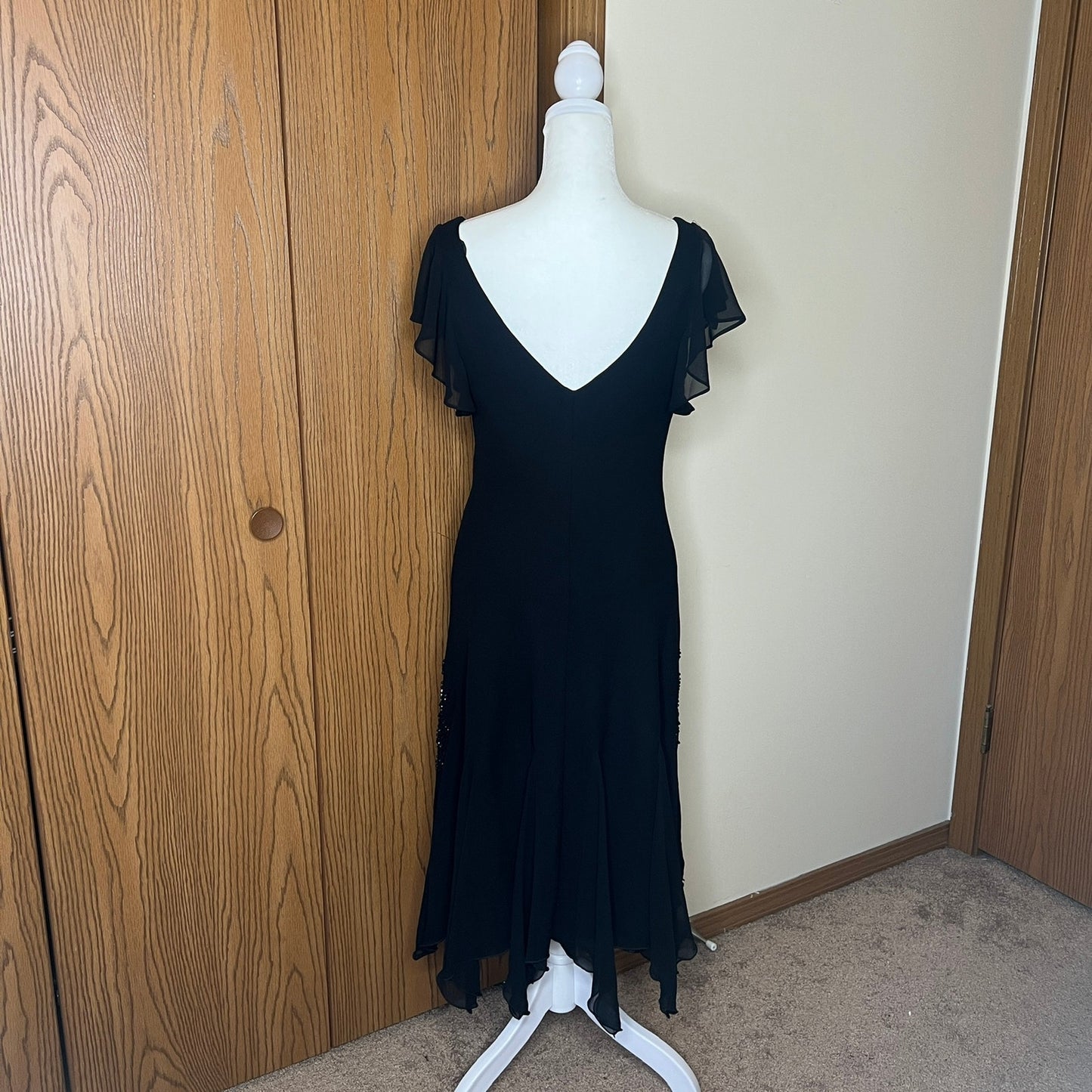 Vtg 90s SL Fashions Hankerchief Dress 12 Black Beaded Fairy Witchy Formal NYE Cocktail